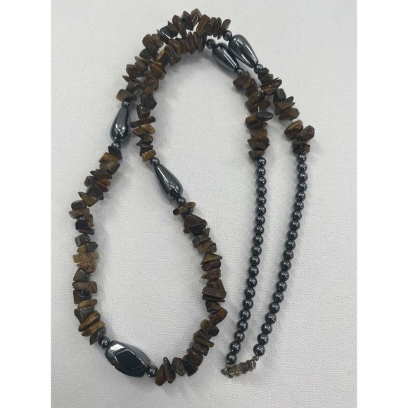 Vintage Opera Polished Stone Beaded Necklace Semi Precious Stones Single Strand - Picture 7 of 11